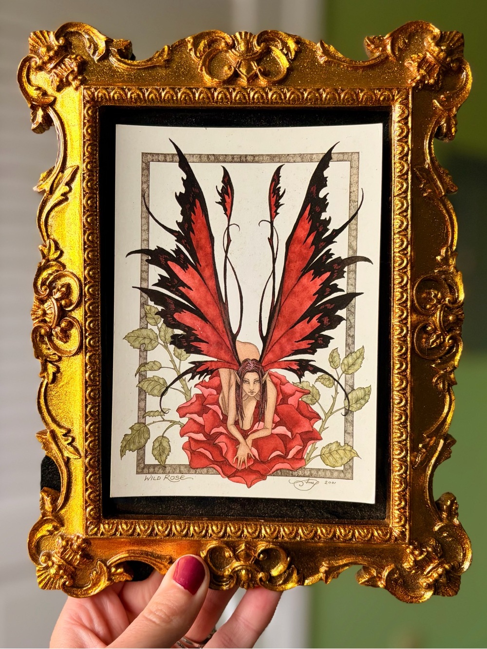Whimsical Gothic Ornate Golden Framed Fairy On Rose Charming Art Decor